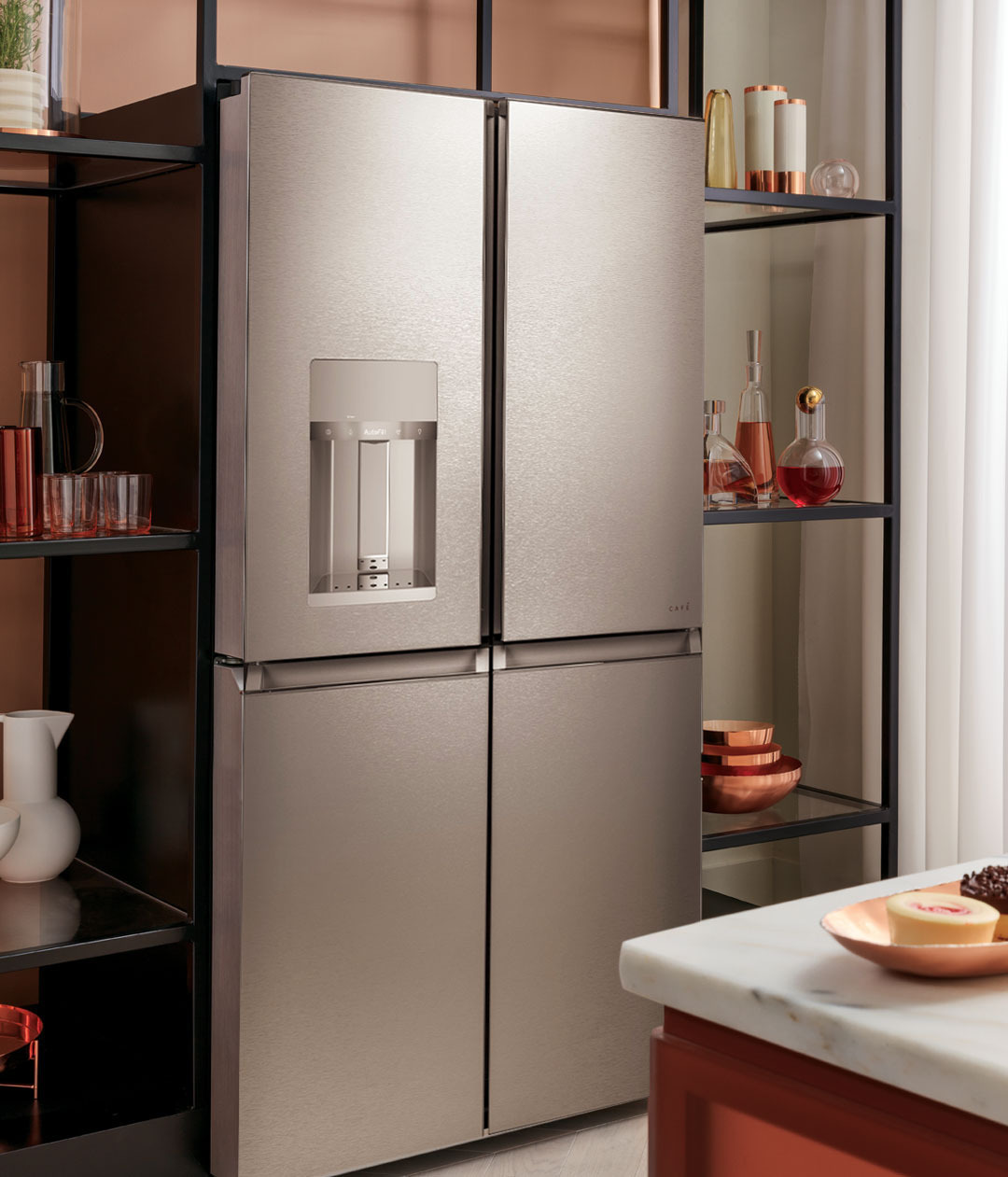 modern glass refrigerator with open shelving